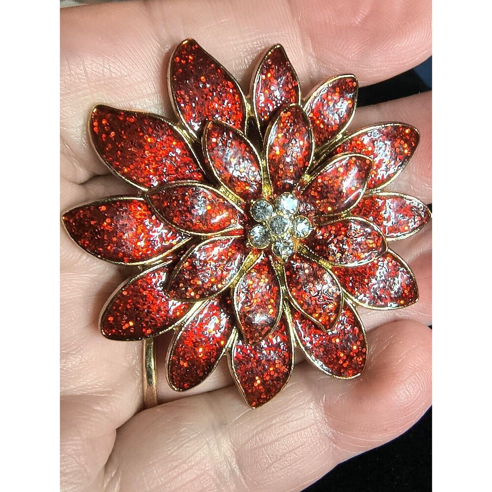 Vintage Christmas Poinsettia Brooch Red Glitter Enamel Gold Tone Rhinestone Pin